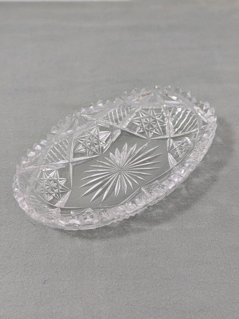 Mid-century oval cut glass candy dish